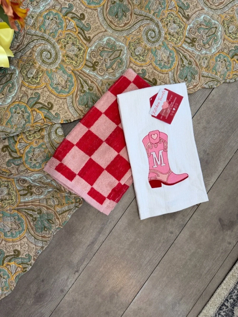 New Boutique Western Kitchen Towel Set ‘M’ Monogram Cowboy Boot/Checkered Cotton